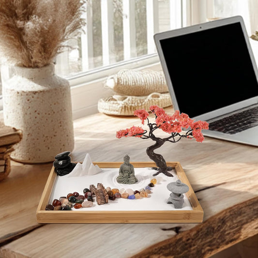 Mini Zen Garden for Desk Bodhi Tree and Buddha | Desktop Sand Tray Japanese Zen Garden Kit for Therapy Office Decor, Home Decor, Meditation Gifts