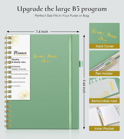 Undated Weekly and Monthly Planner, B5 Large Weekly To Do List Notebook with Goal & Habit Tracker Organizer, Hardcover Spiral Bound Blank Monthly Planner for Work School Home 7.4" x 9.64" Black