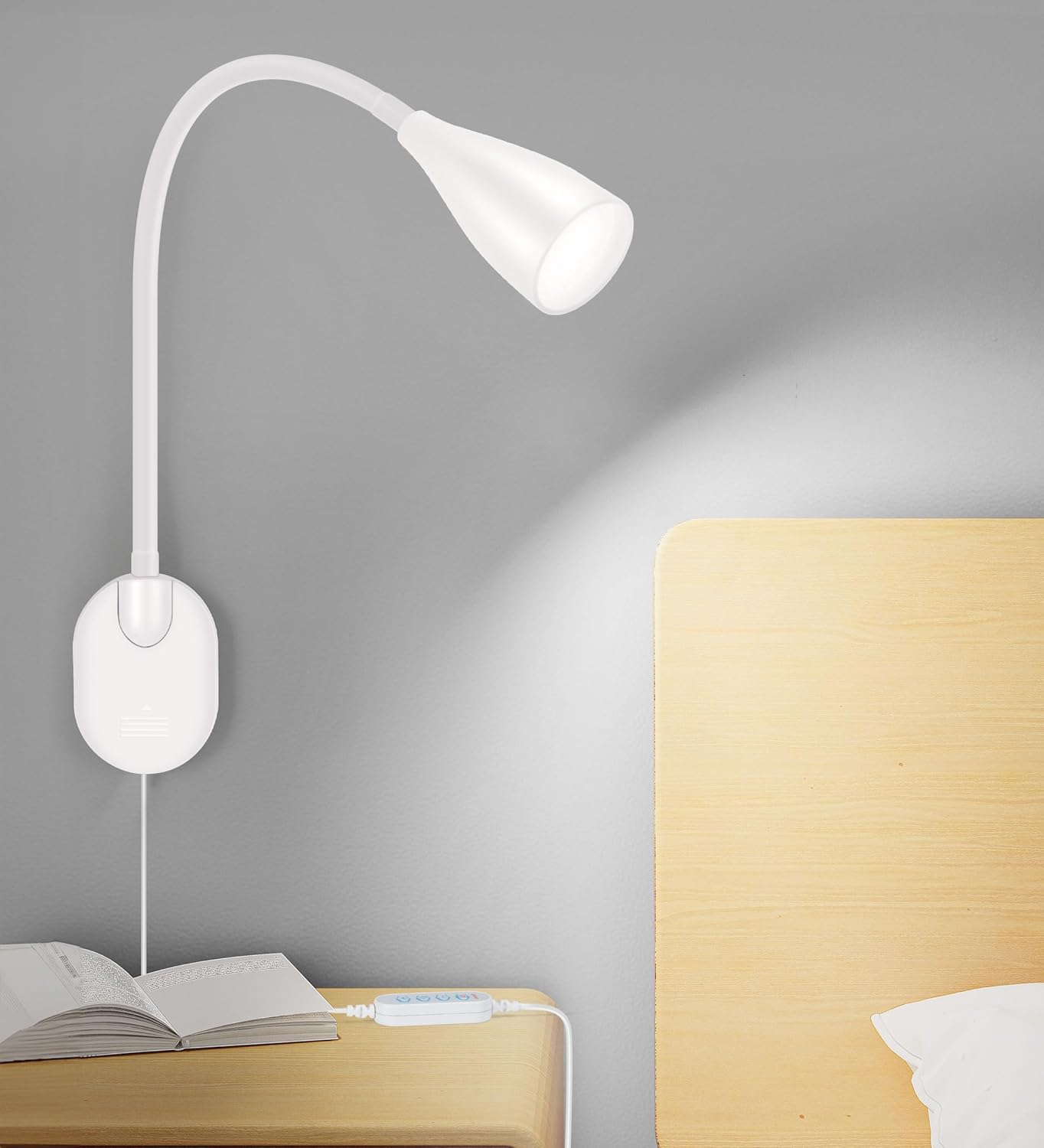 LiFMIRA Wall-Mounted LED Bedside Reading Light with USB Charging Port, 10-Level Dimmable & Adjustable 5 Color, Plug-in Adhesive Night Lamp for Books in Bed, Eye-Caring Bedroom Lighting (Black)