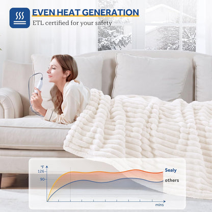 Sealy Electric Blanket Throw Size 50"*60",Super Cozy Faux Fur to Sherpa Reversible Heated Blanket Throw with 6 Heating Levels & 2-10 Hours Auto Off Overheating Protection Machine Washable,Blue White