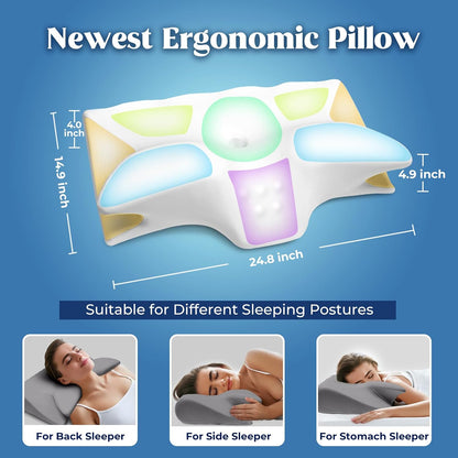 Cervical Pillow for Neck Pain Relief, Cooling Contour Memory Foam Pillows Support Odorless Ergonomic Neck Pillow Adjustable Orthopedic Bed Pillow for Side Back Stomach Sleeper with Pillowcase,Grey