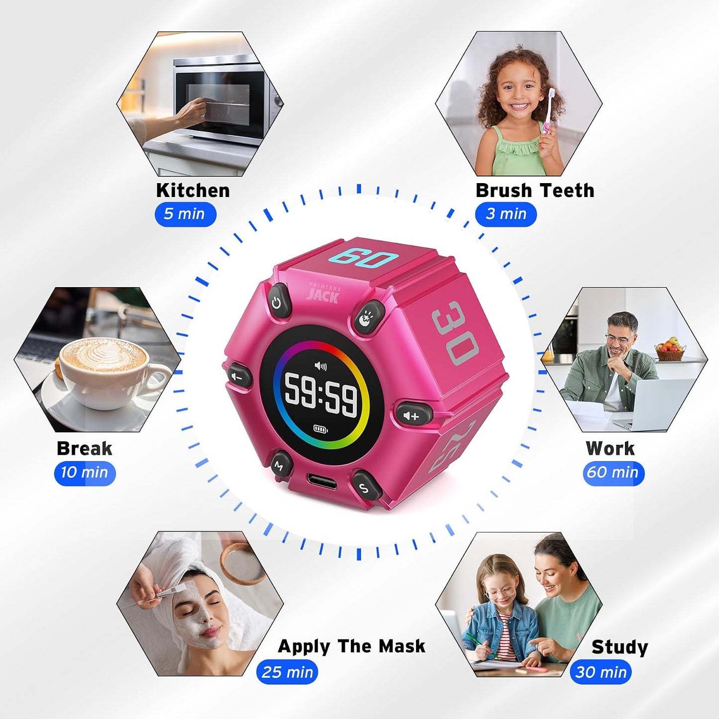 Jack Pomodoro Timer - Productivity Cube, Visual Focus Timer, Mute & Vibration & Adjustable Sound Alert, for Office, ADHD, Study, Work, 3/5/10/25/30/60min & Custom Countdown - Black