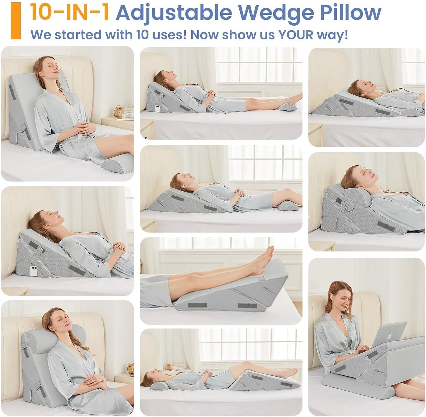 Sasttie Wedge Pillow Set for After Surgery, 2PCS Adjustable Bed Wedge Pillow Headboard with Memory Foam Neck Cushion – for Acid Reflux, Sleeping, Neck & Back Support, Dark Grey & White