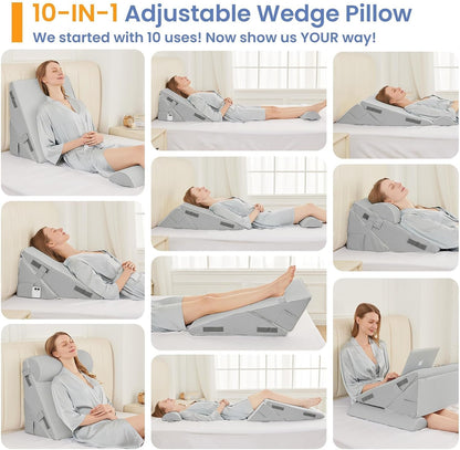 Sasttie Wedge Pillow Set for After Surgery, 2PCS Adjustable Bed Wedge Pillow Headboard with Memory Foam Neck Cushion – for Acid Reflux, Sleeping, Neck & Back Support, Dark Grey & White