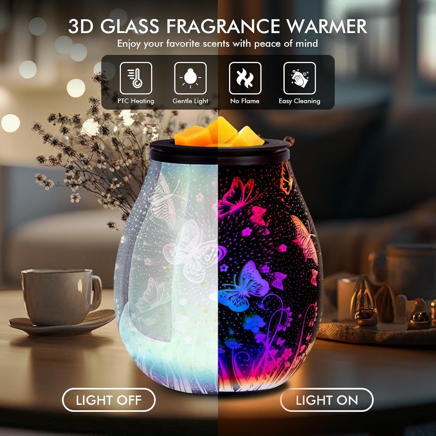 Wax Melt Warmer for Scented Wax- Glass Wax Melter for Home Fragrance with Removable Tray, Essential Oil Warmer Wax Cubes Burner Aroma Night Light for Home Office Bedroom Decor Gifts for Women