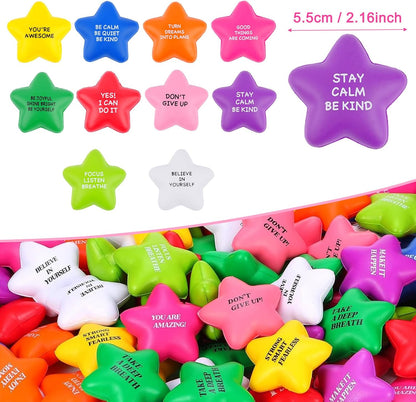 SHQDD 12PCS Bulk Star Stress Balls for Adults & Kids - Motivational Quotes Soft Foam Stress Relief Squeeze Toys, Fidget Anxiety & Anger Relief at Work/School/Home, Perfect Party Favors (Multi-Color)