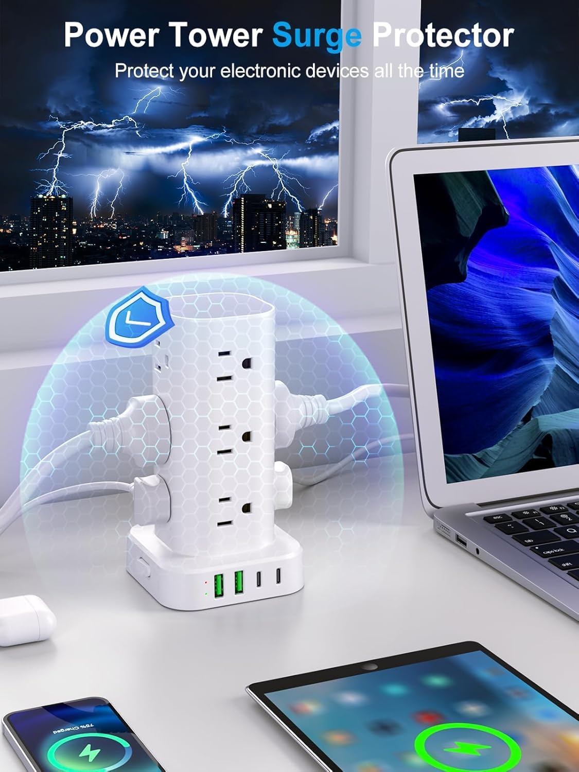 6FT Power Strip Tower Surge Protector, 12 Wide Spaced Outlets, 4 USB
