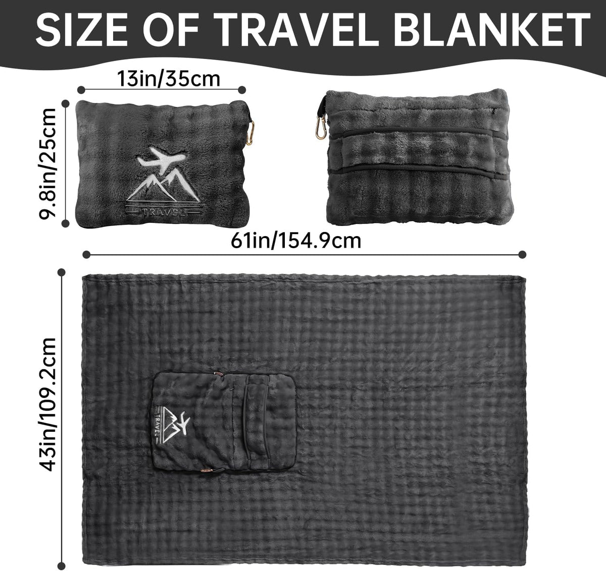 Travel Blanket and Pillow-2-in-1, Ultra-Soft&Compact, One-Piece Airplane Blanket with Hand Luggage Belt and Backpack Clip,Travelers Accessories Gifts, 61x43 Inches (Blue)