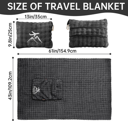 Travel Blanket and Pillow-2-in-1, Ultra-Soft&Compact, One-Piece Airplane Blanket with Hand Luggage Belt and Backpack Clip,Travelers Accessories Gifts, 61x43 Inches (Blue)