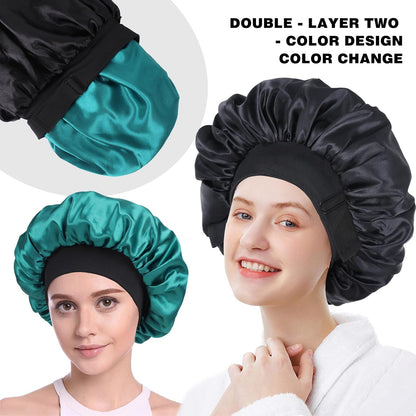 Silk Bonnet for Sleeping Double Layer Satin Bonnet Adjustable Bonnets for Black Women Sleep Cap Reversible Hair Bonnet for Curly Hair (Black and Purple)
