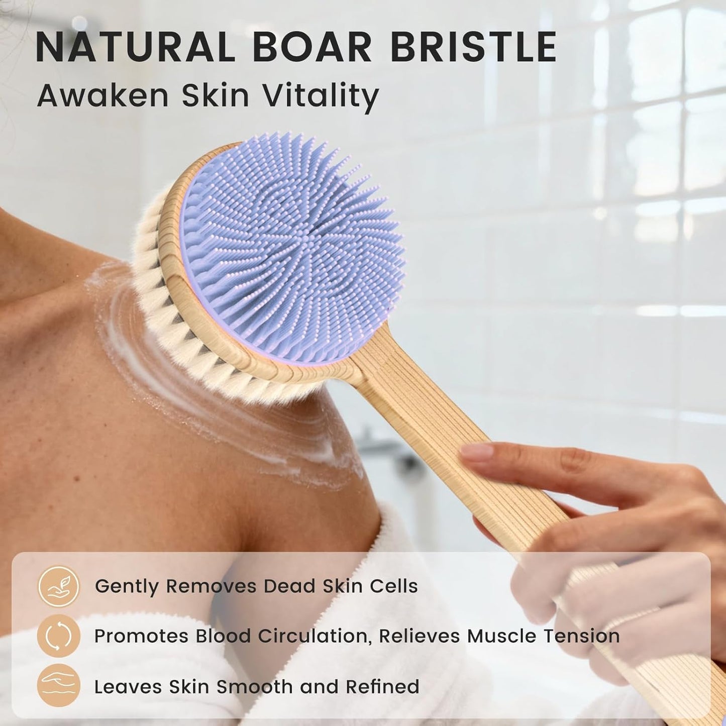Back Scrubber for Shower，17in Bamboo with Curved Long Handle - Stiff Natural Boar Bristles for Men and Women, Deep Cleansing and Exfoliating, Anti-Slip Grip for Wet or Dry Brushing