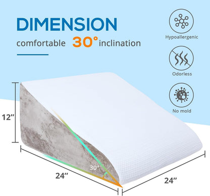 Sasttie Wedge Pillow 24x24x12 inch, Memory Foam Bed Wedge, Cool Grey