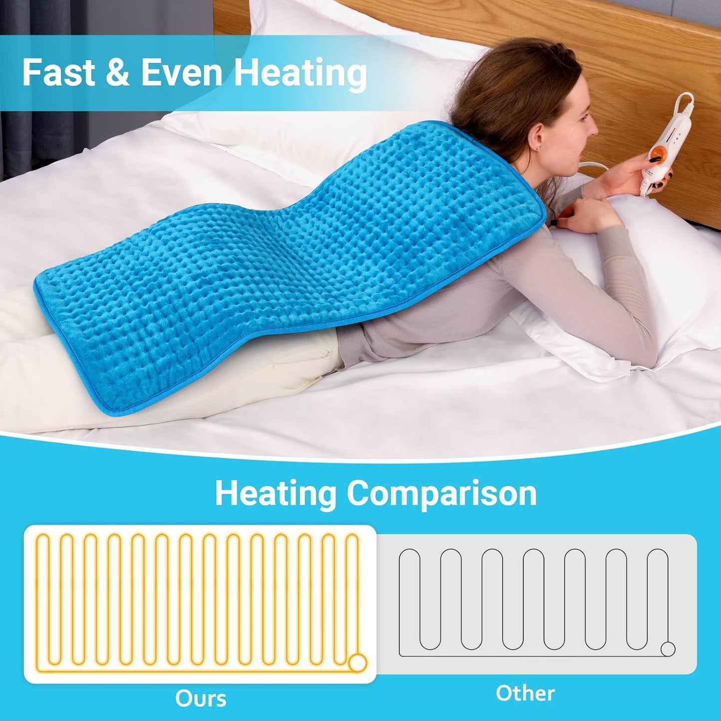 Boileau Electric Heating Pad for Back Pain and Period Cramps Relief, FSA Eligible17 x33 Extra Large XXXL, HSA 3 Heating Levels Heat Pad with 2-Hour Auto Shut Off, Gifts for Women and Mom, Blue