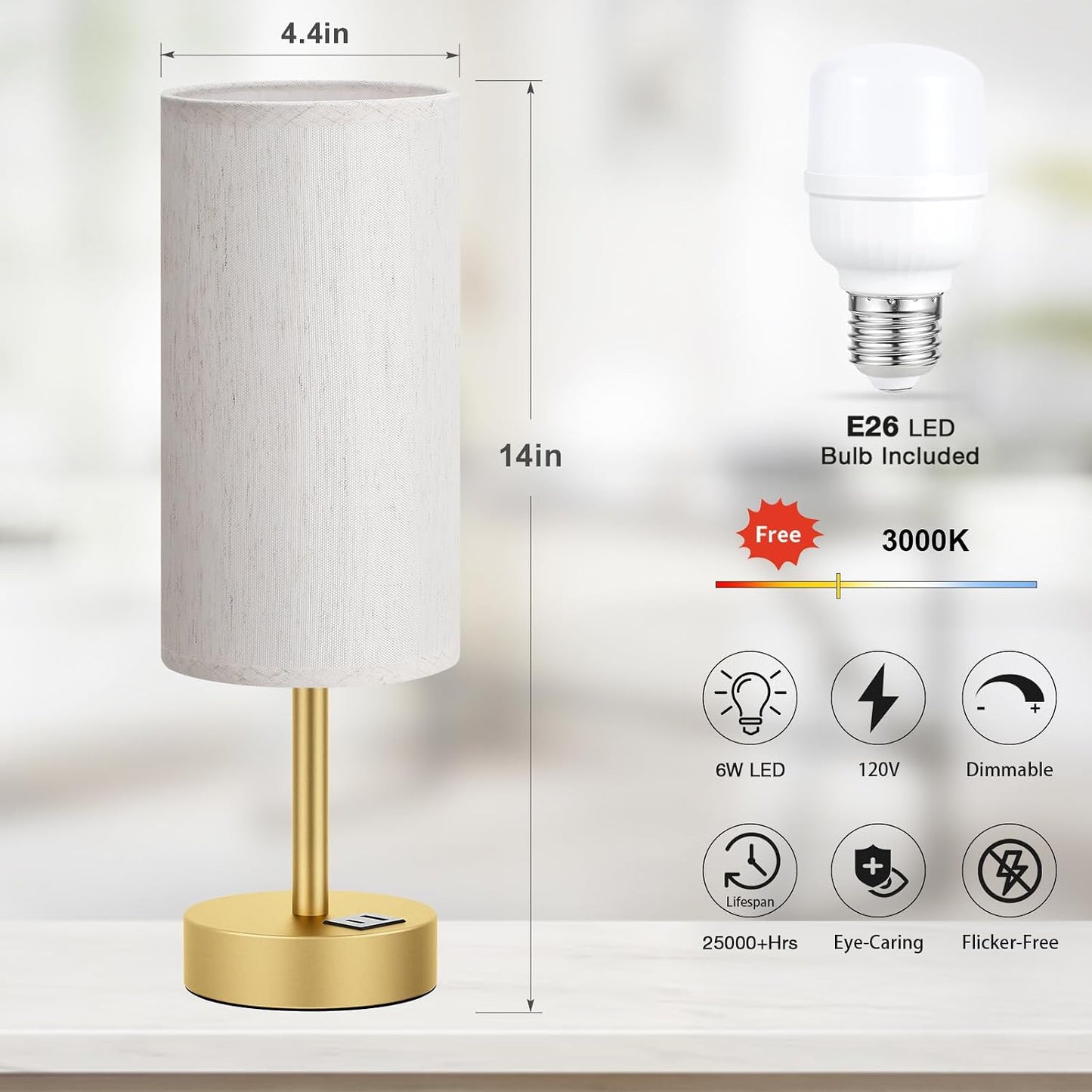 Dicoool Touch Bedside Table Lamp with USB - 3 Way Dimmable Wood Lamp for Bedroom Nightstand, Desk Lamp with Charging Station for Dorm, Living Room, Office, Kids Room, Small, 14in