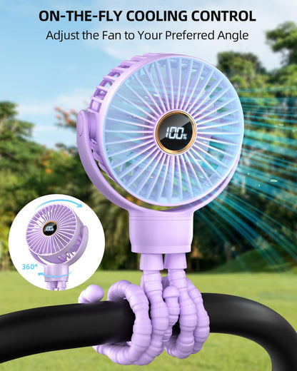 Portable Stroller Mini Fan, Small Rechargeable Personal Fan, Baby Travel Essentials for Wagon, Car Seat, Treadmill, Battery Powered Biking Gear Accessories, 360° Rotation, 3-Speed, Display, Black