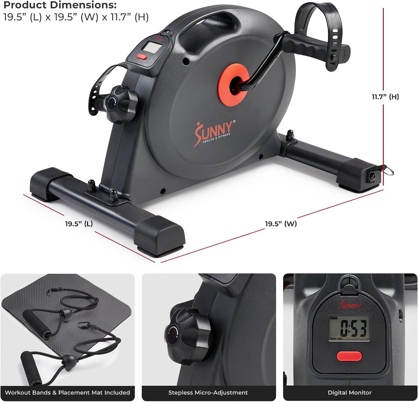 Sunny Health & Fitness Smart Under-Desk Bike Exerciser, Low-Impact Cardio Cycling Equipment for Home/Office, Mini Paddler for Arm/Leg Mobility Training, Free SunnyFit App