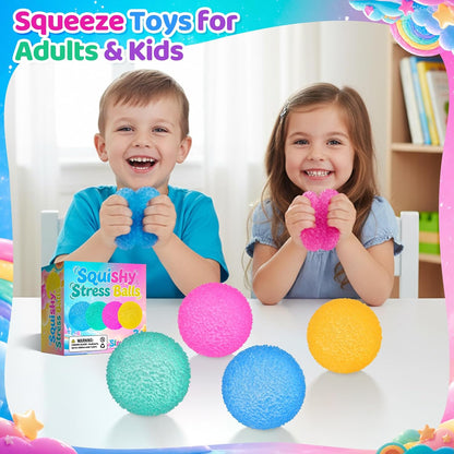 4 Packs Stress Balls for Kids Adult, Stretch and Squeeze Stress Balls for Anxiety Relief, Sensory Squishy Ball for Classroom Prizes Birthday Party Favor Gifts (Squeeze Ball)