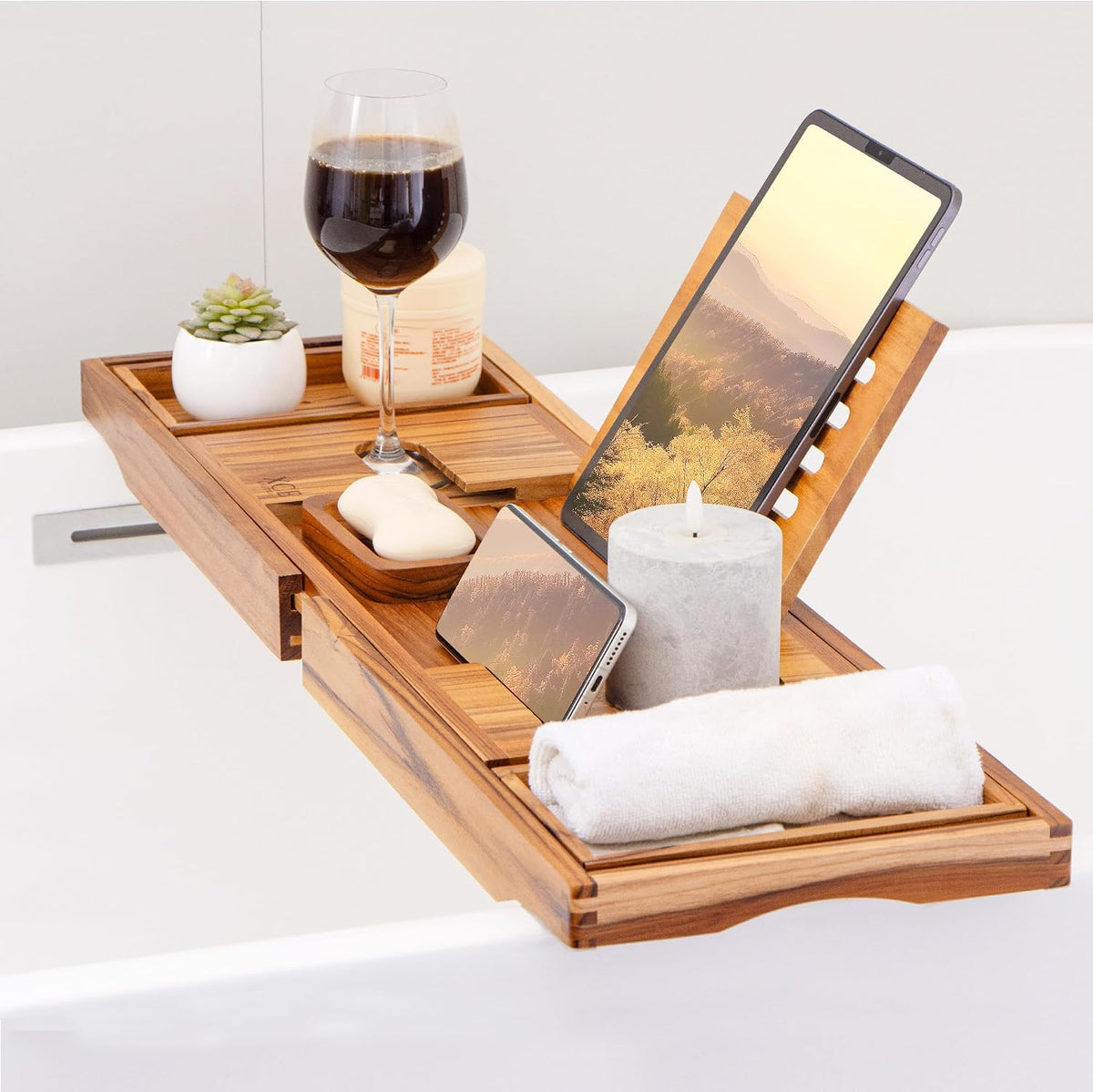 XcE Bamboo Bathtub Caddy Tray with Book Stand & Soap Holder, Brown