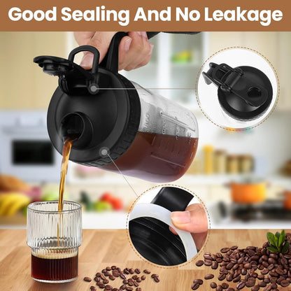 Cold Brew Coffee Maker,64 oz Mason Jar Pitcher with Stainless Steel Filter, Pour Spout Handle Lid, Heavy Duty Glass Airtight & Leak-Proof for Iced Coffee,Tea & Lemonade