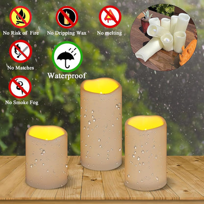 Flameless Candles 4" 5" 6" Set of 3 Outdoor Indoor Ivory Pillars Battery Operated Flickering Candles with Cozy Climbing Flame Effect, 8-Key Remote Timer, Plastic LED Candles for Wedding Decor