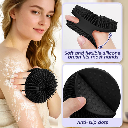 Manmihealth Silicone Back Scrubber & Soft Bath Glove Set 4 PCS(Thick Bristles), Super-Exfoliating Body Scrubber & Super-Lathering Shower Brush Combination, with 2 Adhesive Hooks (Black)