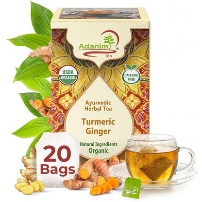 Adanim Bio Organic Turmeric Ginger Herbal Tea Bags Caffeine Free Pure Herbal Blend with Black Pepper USDA Organic Vegan & Kosher 20 Individually Wrapped Tea Bags