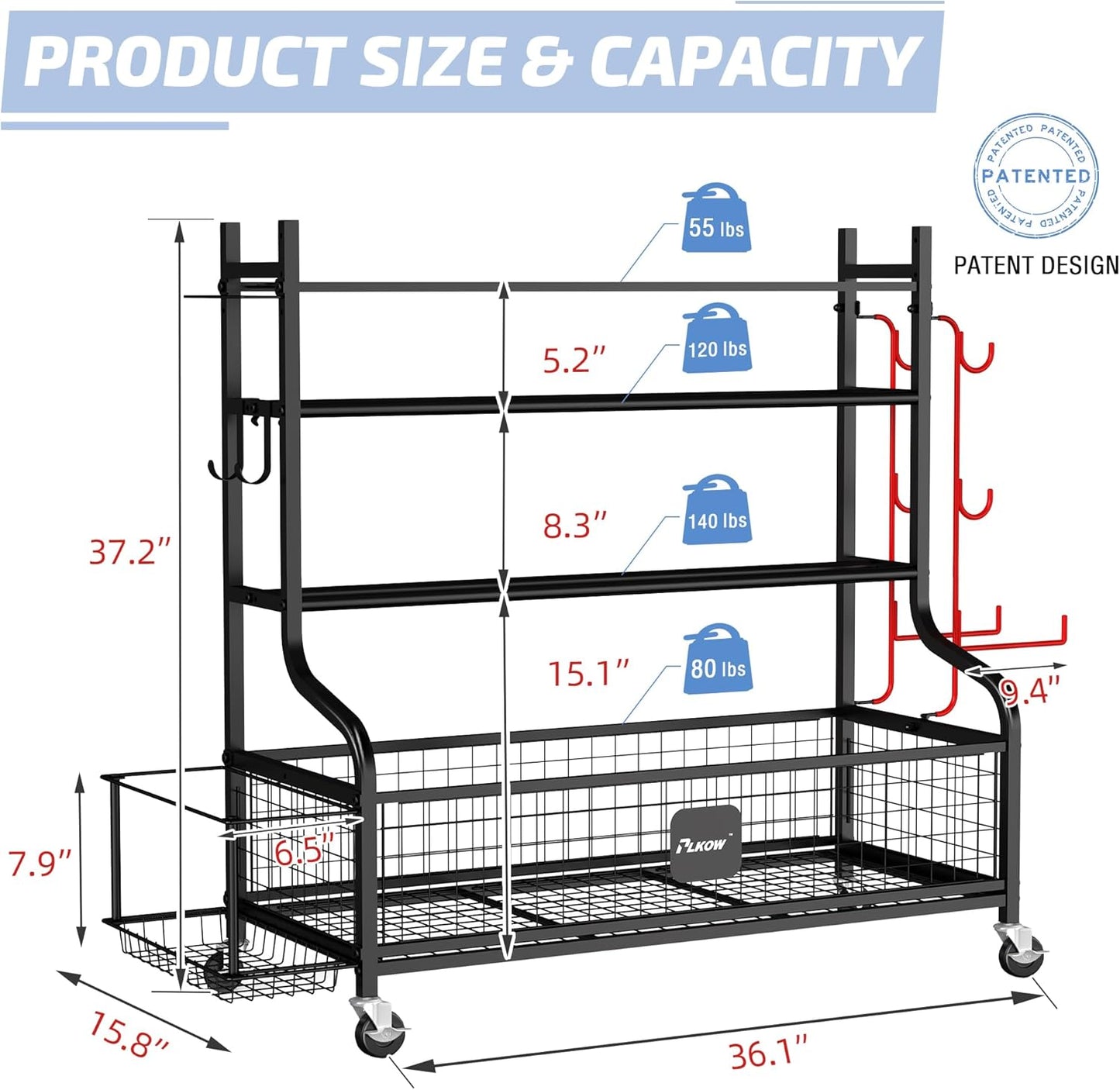 PLKOW Dumbbell Rack, Weight Rack for Dumbbells, Home Gym Storage for Dumbbells Kettlebells Yoga Mat and Balls, All in One Workout Storage with Wheels and Hooks, Powder Coated Finish Steel