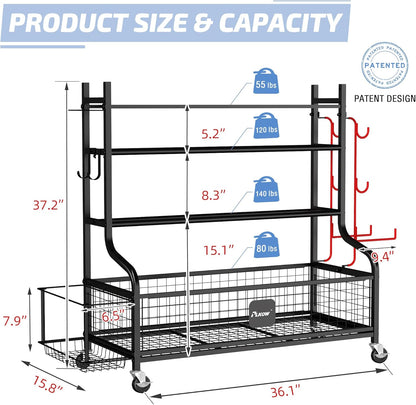 PLKOW Dumbbell Rack, Weight Rack for Dumbbells, Home Gym Storage for Dumbbells Kettlebells Yoga Mat and Balls, All in One Workout Storage with Wheels and Hooks, Powder Coated Finish Steel