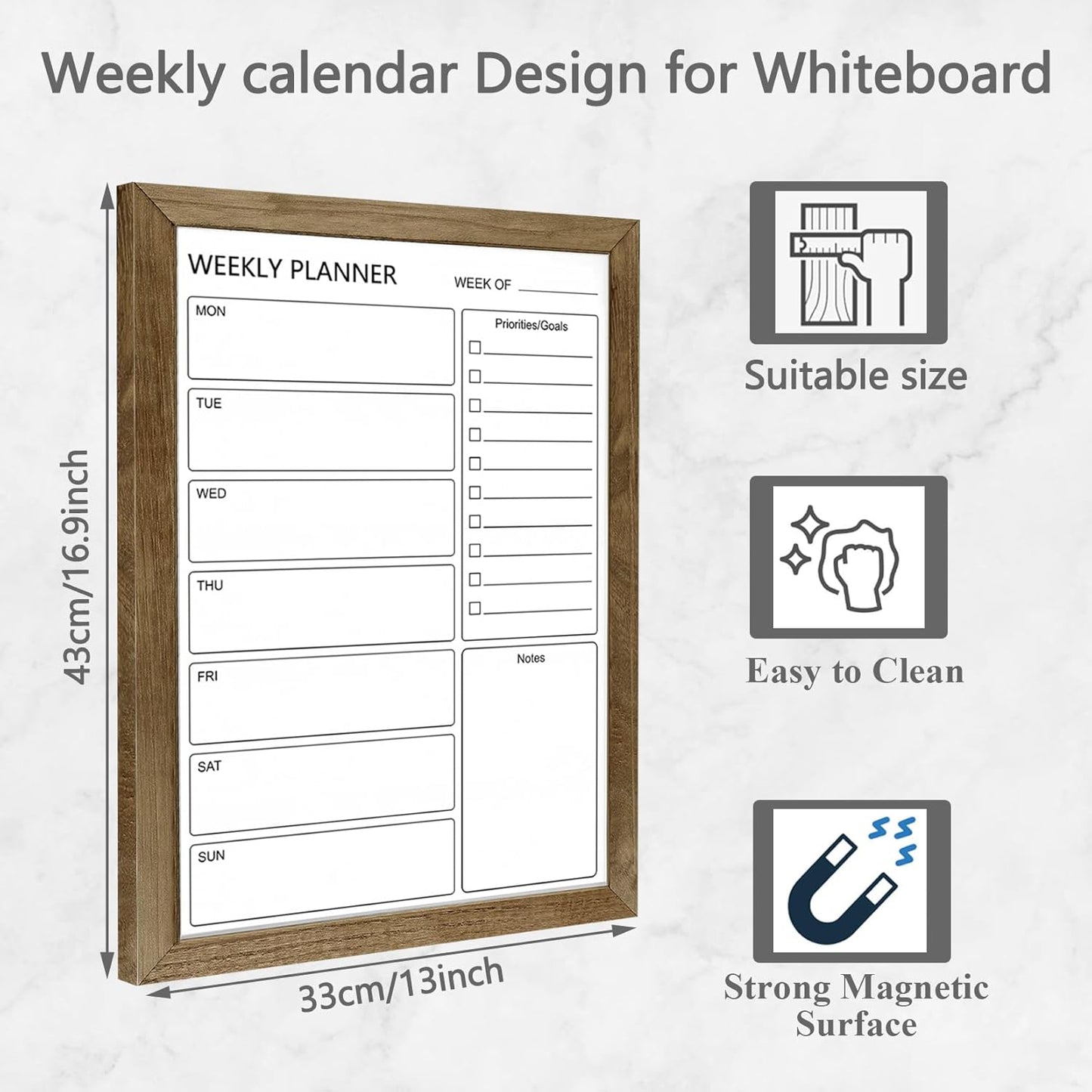 Dry Erase White Board Weekly Calendar Board, Magnetic Whiteboard for Wall,10.6“x14.7 Solid Wood Rustic Brown Framed Message Board, Planner Board for Office, Home, Schooll(Weekly-BB-RB-2737)