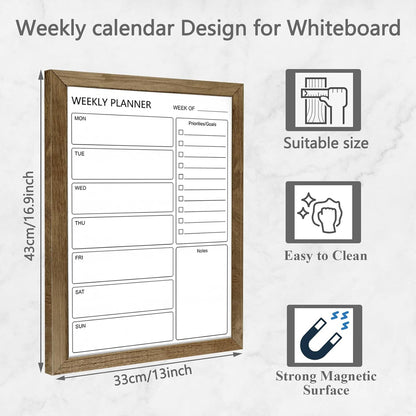 Dry Erase White Board Weekly Calendar Board, Magnetic Whiteboard for Wall,10.6“x14.7 Solid Wood Rustic Brown Framed Message Board, Planner Board for Office, Home, Schooll(Weekly-BB-RB-2737)