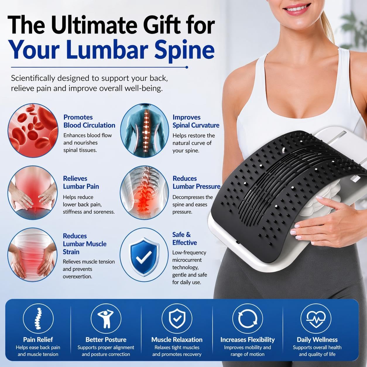 BREEV® Back Stretcher with EMS Electric Pulse Massage, Lumbar Support for Lower Back Pain Relief, Adjustable Spine Decompression Device, 108 Acupressure Nodes & Remote Control