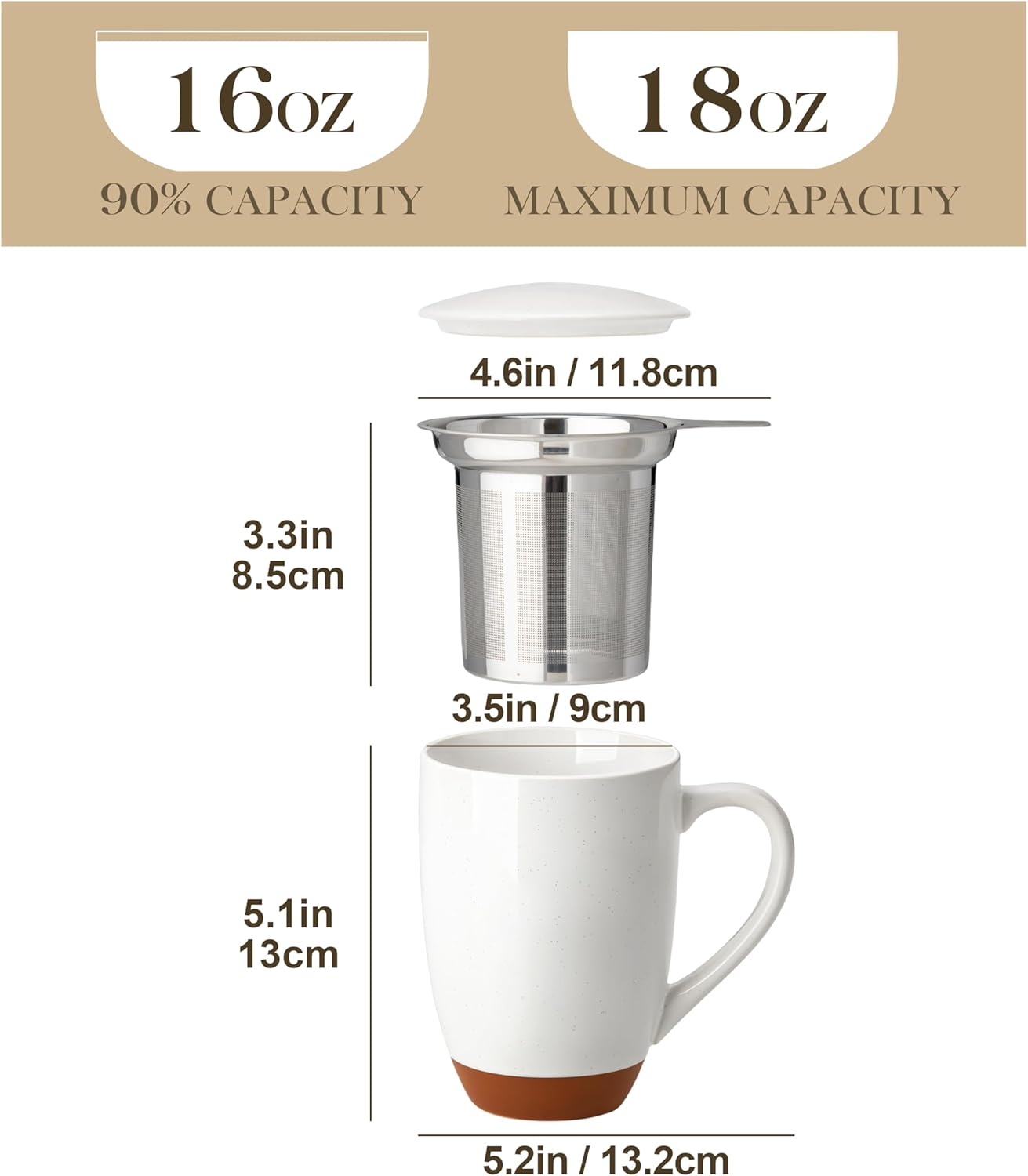 MALACASA Ceramic Tea Mug with Lid and Stainless Steel Infuser, 18 oz Large Tea Cup for Loose Leaf Tea, Heat-Resistant, Microwave & Dishwasher Safe, Speckled Glaze Coffee & Tea Brewer Mug, Khaki White