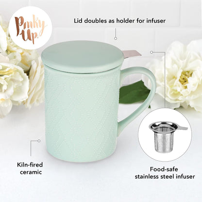 Pinky Up Annette Ceramic Tea Cup with Infuser and Lid, Travel Mug for Loose Leaf Teas, Home Office, Camping, Picnic Party, 12 oz, Set of 1, Honeycomb