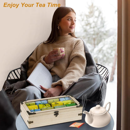 Tea Box,Wood Tea Organizer and Storage,12 Compartments Teas Bag Holder Organizer with Clear Window for Countertop Kitchen Cabinet Pantry (Smoky)