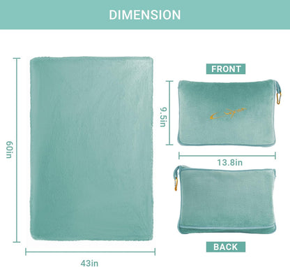 Compact Travel Blanket for Airplane, Premium Soft 2-in-1 Blanket with Pillowcase and Carry Bag, Lightweight Travel Essentials with Luggage Sleeve and Backpack Clip, Mint Green