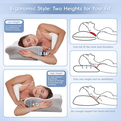 Cervical Neck Pillow, Memory Foam Pillows for Neck & Shoulder Pain Relief, 2 Heights Ergonomic Pillow with Breathable Ice Silk Cover, Neck Support Pillow for Stomach Sleepers Grey