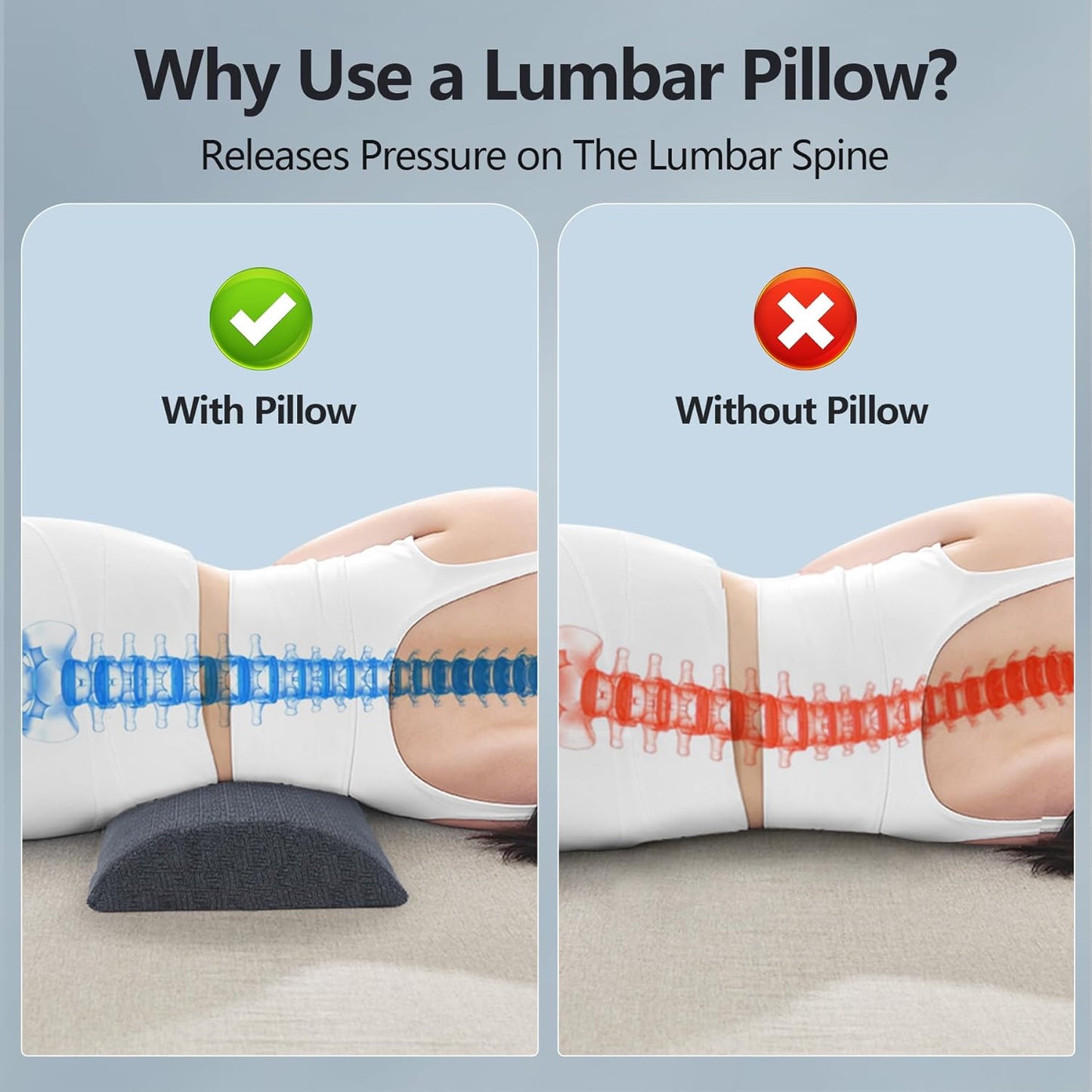 Cozyhealth - 3.15"H*23.6"L - Soft Lumbar Pillow for Sleeping, Memory Foam Back Lumbar Support Cushion for Lower Back Pain Relief Bed Waist Sleep Support Pillow for Side, Back Sleepers (White, Large)