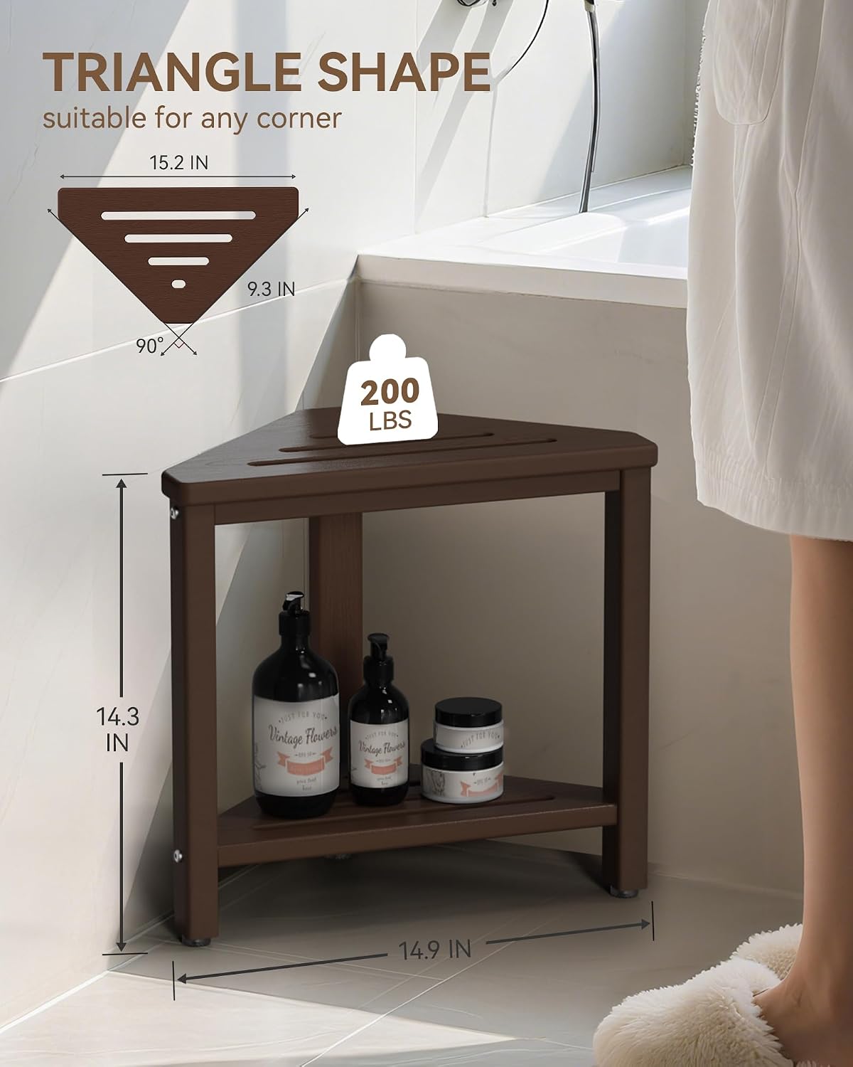 Shower Foot Rest 15in, HDPE Waterproof Shower Stool for Inside Shower, Corner Shower Stool for Shaving Legs with Storage Shelf for Small Space, Shower Step Stool, Plastic Corner Shower Bench, White