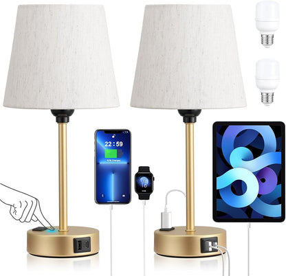 Mini Bedside Lamps for Bedrooms Set of 2 - Nightstand Bedroom Lamps with USB C Port and AC Outlet Charging, Dimmable Touch Small Bed Side Table Lamp, Black Night Stand Light for Kids/Guest Room