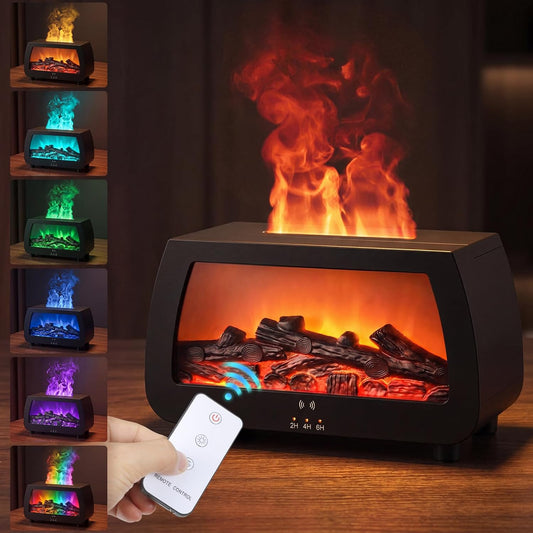 Simulated Fireplace Aroma Diffuser, 200mL Humidifier with Sound Pickup RGB Flame Lights, Timer & Remote Control, 7.5W Quiet Essential Oil Diffuser for Home, Bedroom, Office