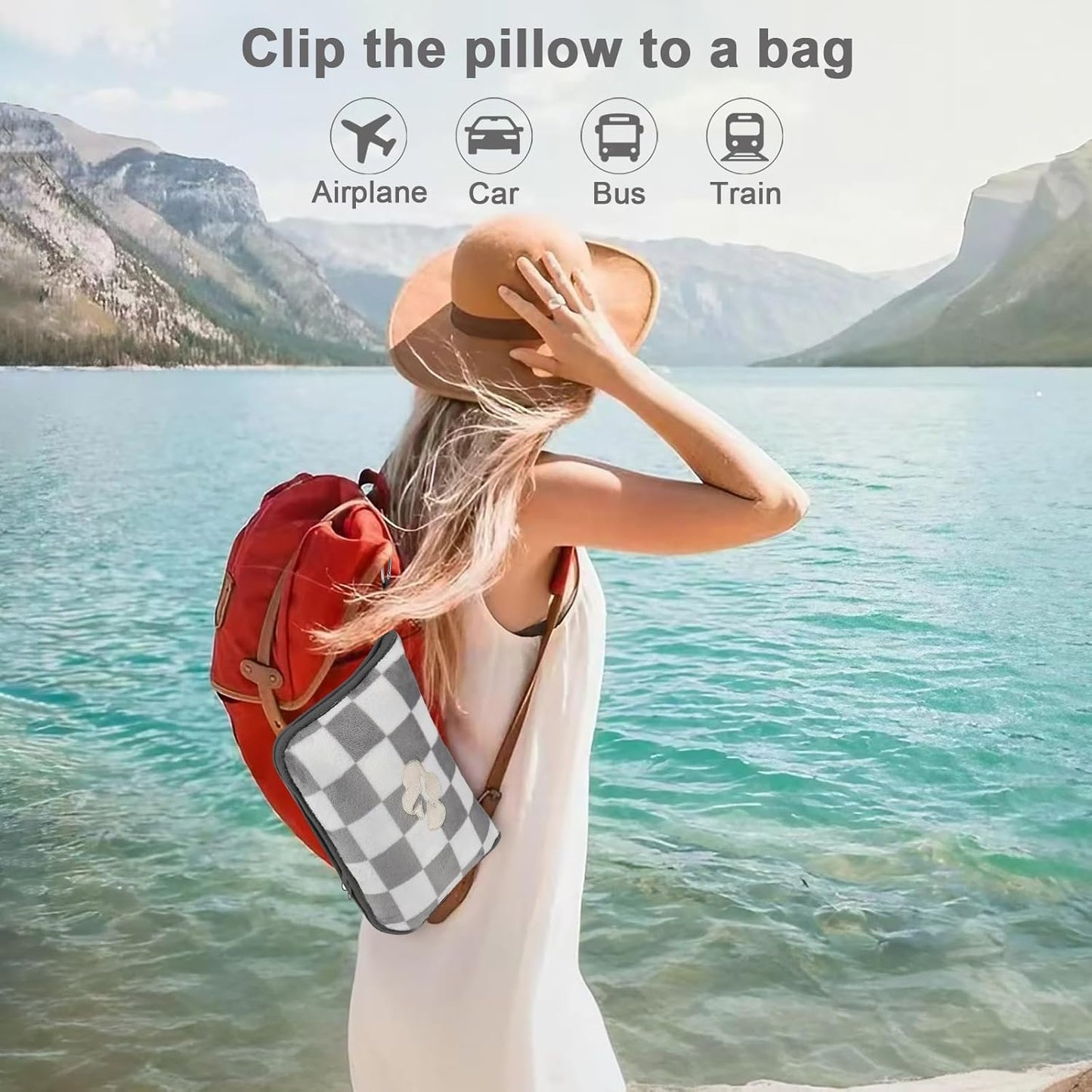 Travel Blanket and Pillow Compact, Premium Soft 2 in 1 Airplane Blanket with Soft Bag Pillowcase，Hand Luggage Sleeve and Backpack Clip (Checkered Black)