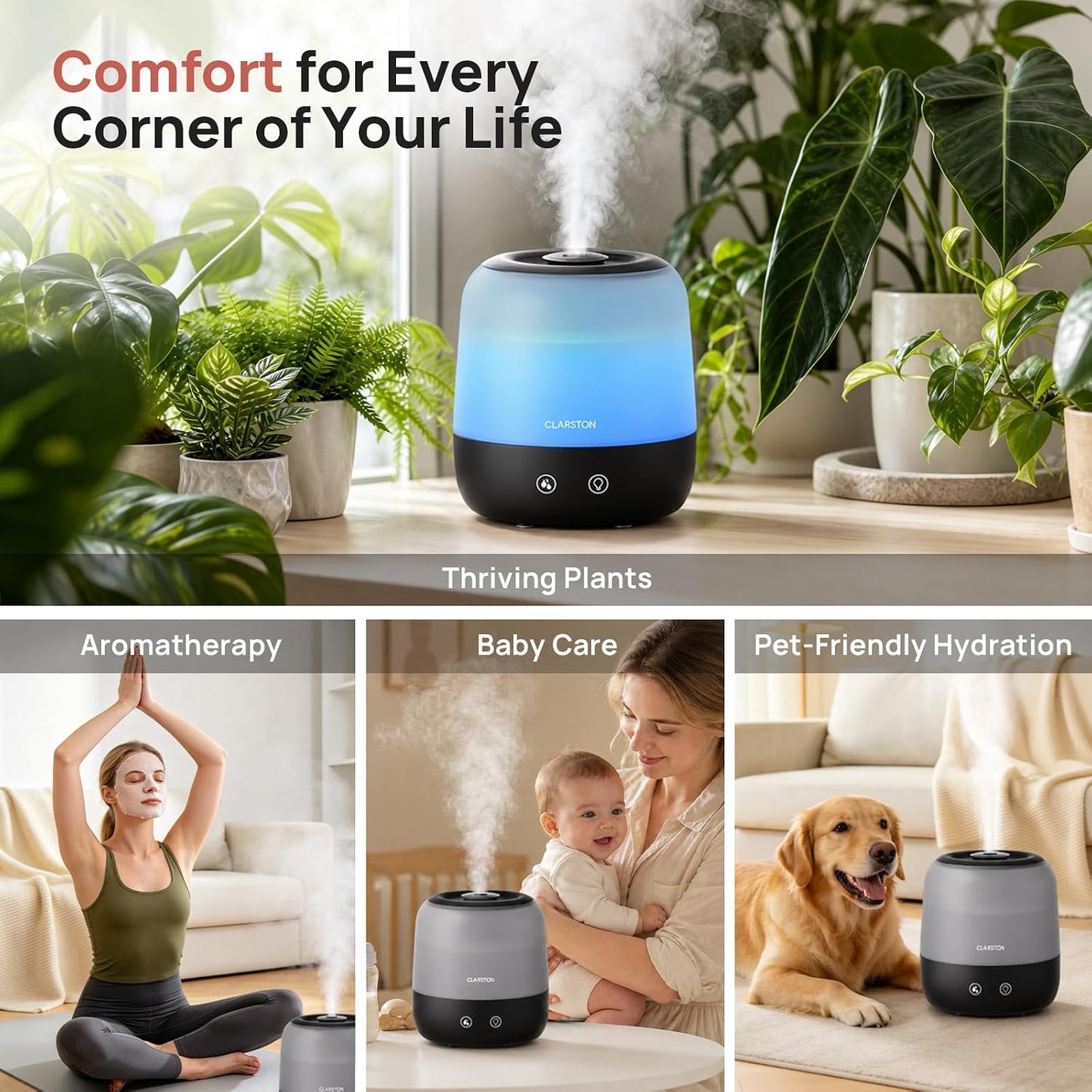 Clarston 2L Cool Mist Humidifier for Bedroom with 360° Adjustable Nozzle, High and Low Mist Levels, Ultra-Low Noise, Light-Off, No BPA, Auto Shut Off, Ideal Baby Humidifier with Easy Top Filling