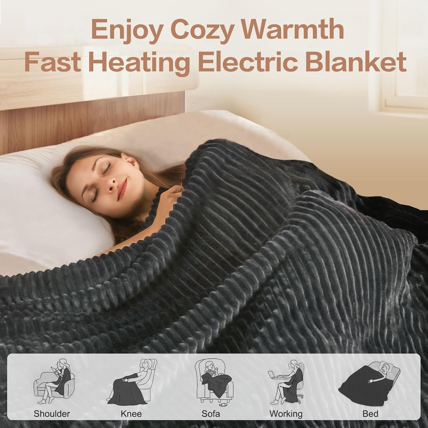 Tefici Heated Blanket Throw 50"x60", Ultra Soft 2-Layer Flannel Electric Blanket, for Home Office Sofa,3 Heat Settings, 4H Auto Off, ETL FCC Certified, Overheat Protection, Machine Washable, Camel