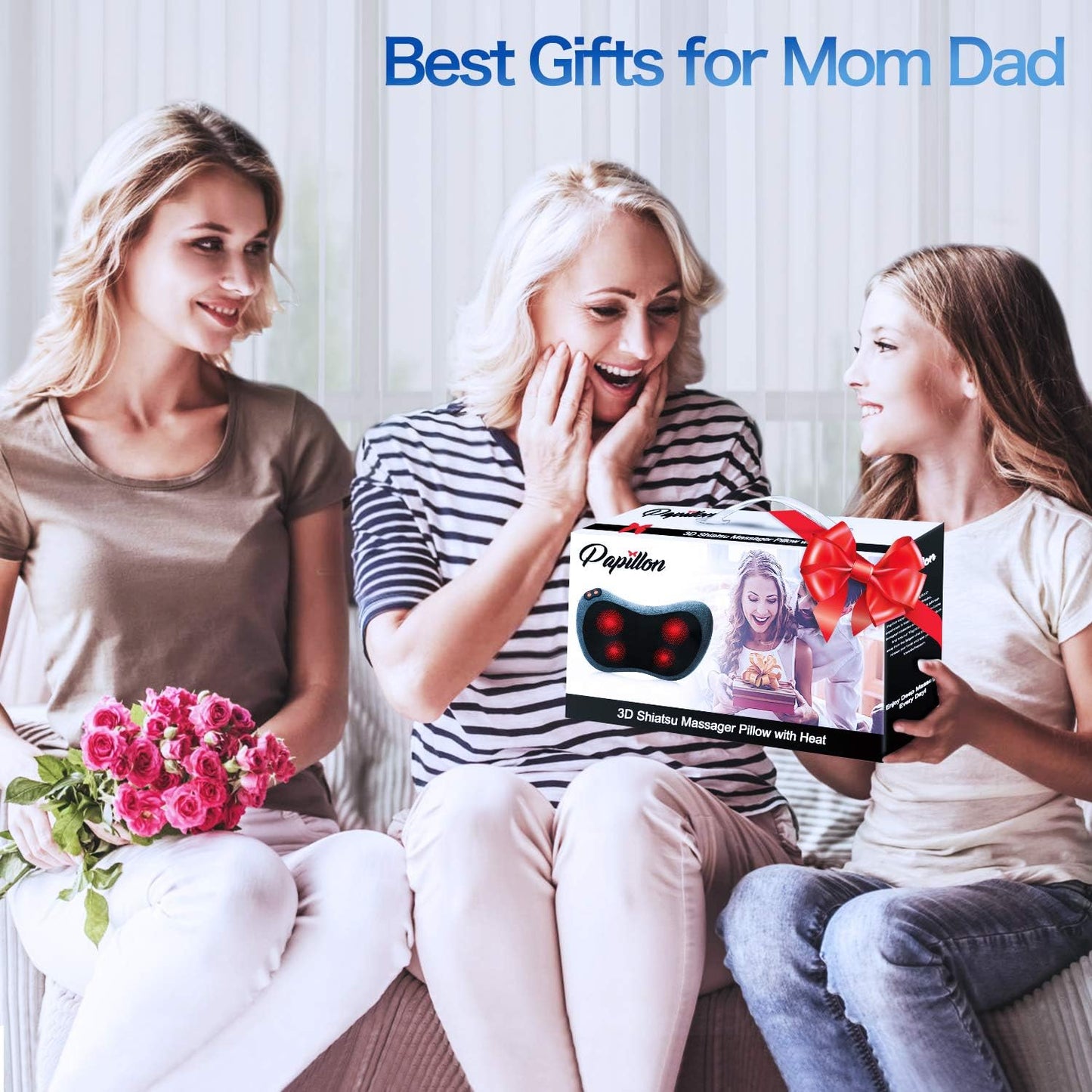 Papillon Back Massager with Heat, Shiatsu Deep Tissue Massage for Neck, Shoulder, Upper & Lower Back Pain Relief, Electric Kneading 3D Massager Pillow,Gifts for Women,Men,Mother,Her (Gray)