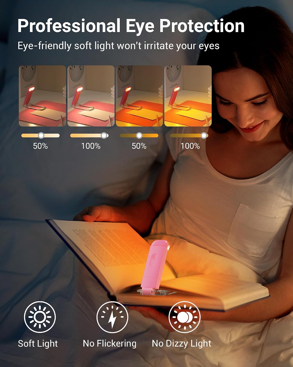 DEWENWILS Book Reading Light, USB Rechargeable Booklight for Reading at Night, LED Clip On Book Lights for Kids, Bookworms, Blue Light Blocking, Amber + Warm White (Green)