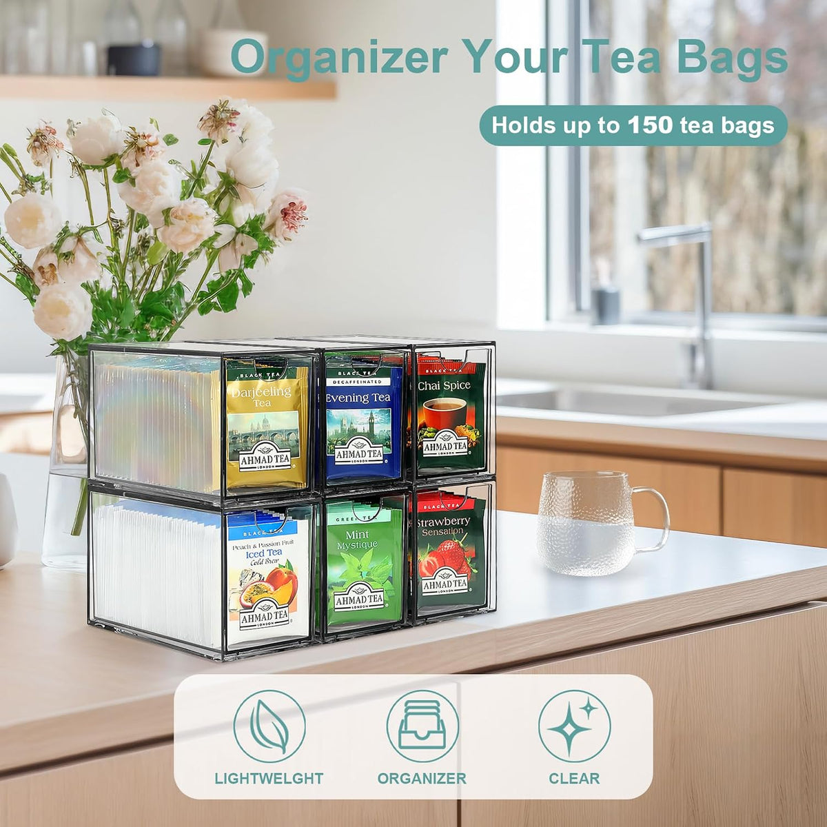 LANLISA Acrylic 6 Pack Tea Bag Organizer and Storage