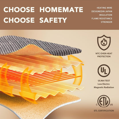Homemate Heated Blanket Electric Throw - 50"x60" Heating Blanket Throw 1/2/4/6/8 Hours Auto-Off 10 Heat Levels Over-Heat Protection Soft Flannel Sherpa Heater ETL Certification