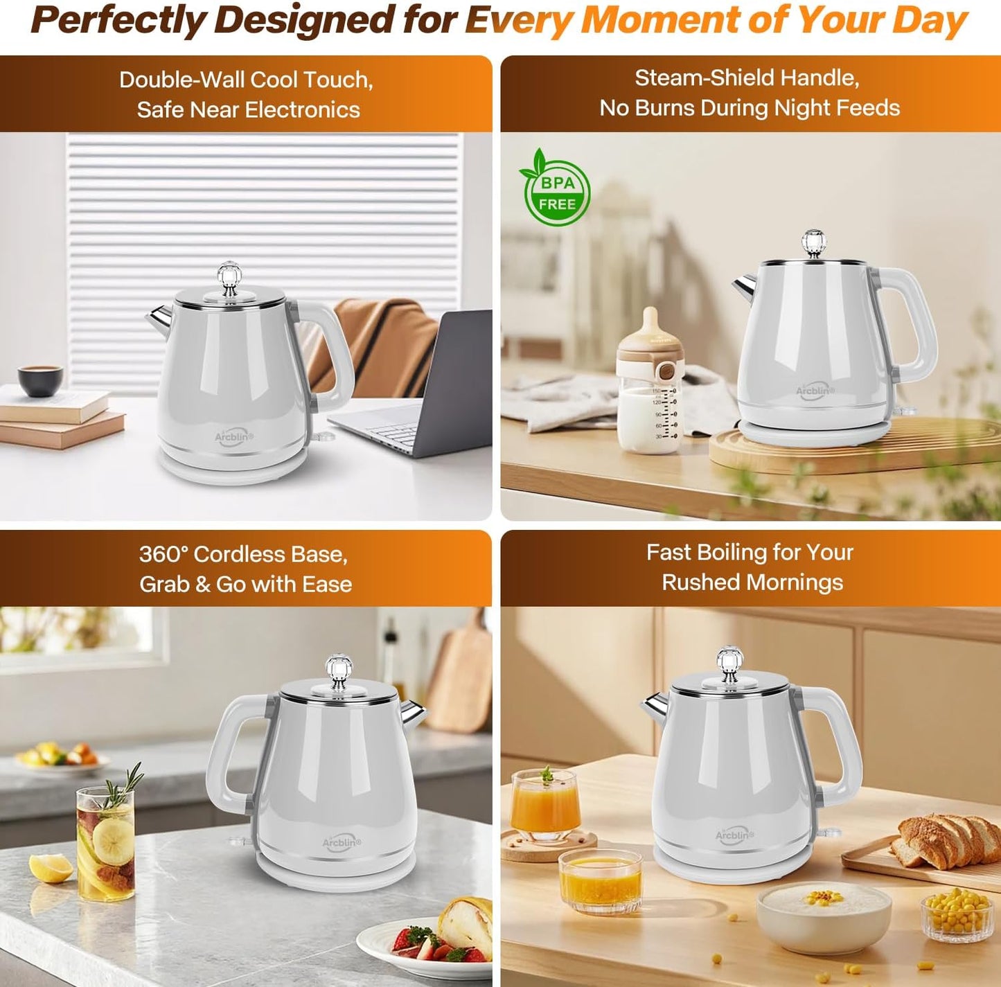 Retro Electric Tea Kettle 1.8L, BPA Free, Stainless Steel Electric Hot Water Kettle for Boiling Water, 1350W Fast Boil, Automatic Shut Off, Boil-Dry Protection,Pearl White