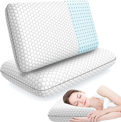 CushyOasis Memory Foam Pillows for Side, Back and Stomach Sleepers, Set of 2, Bed Pillow with Washable Cover and Breathable Mesh, Bed Pillow for Sleeping (Blue，Standard Size)