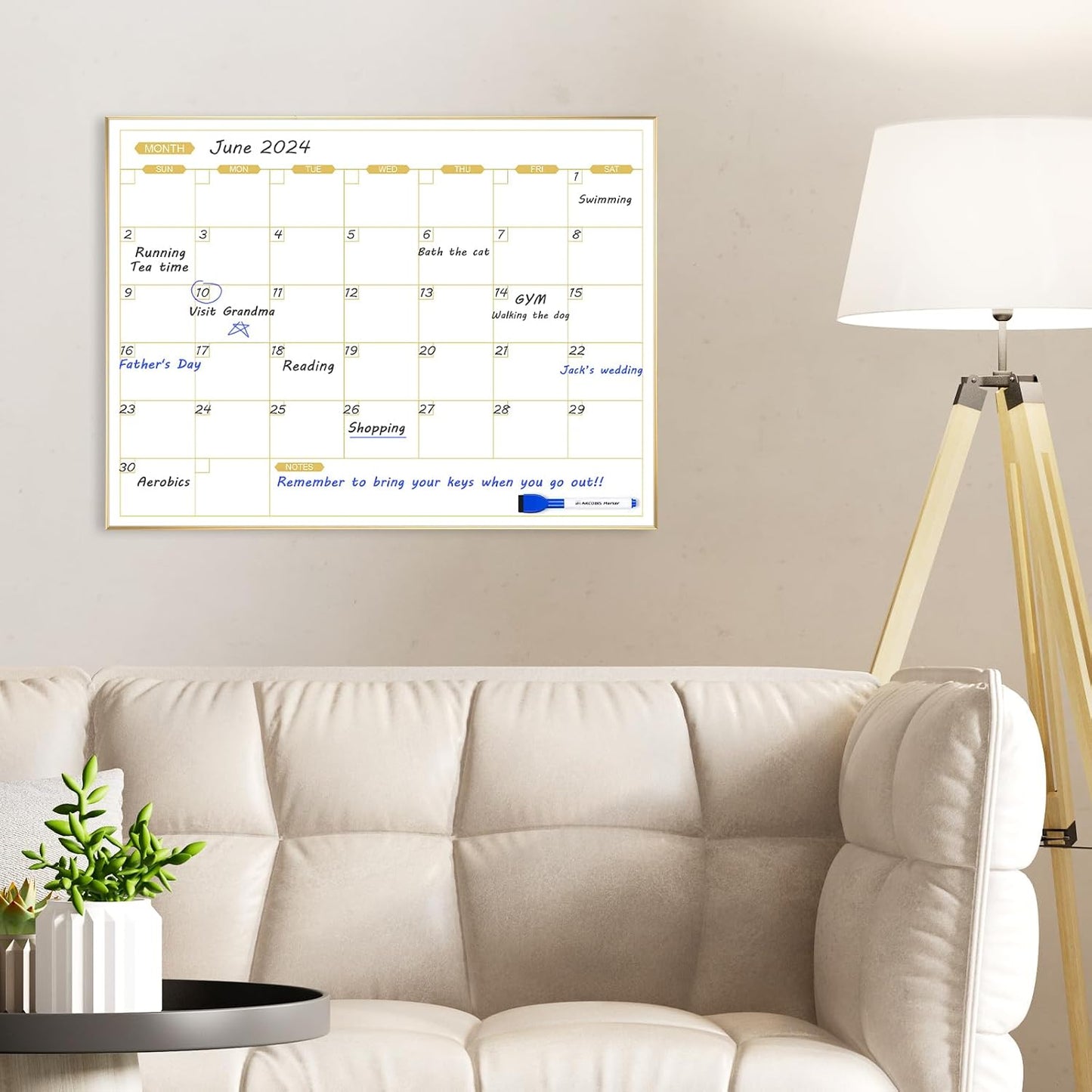 ARCOBIS Monthly Calendar Whiteboard, 24" x 18" Magnetic Dry Erase Calendar with Black Frame, Wall Hanging Planner for Home, Office, School